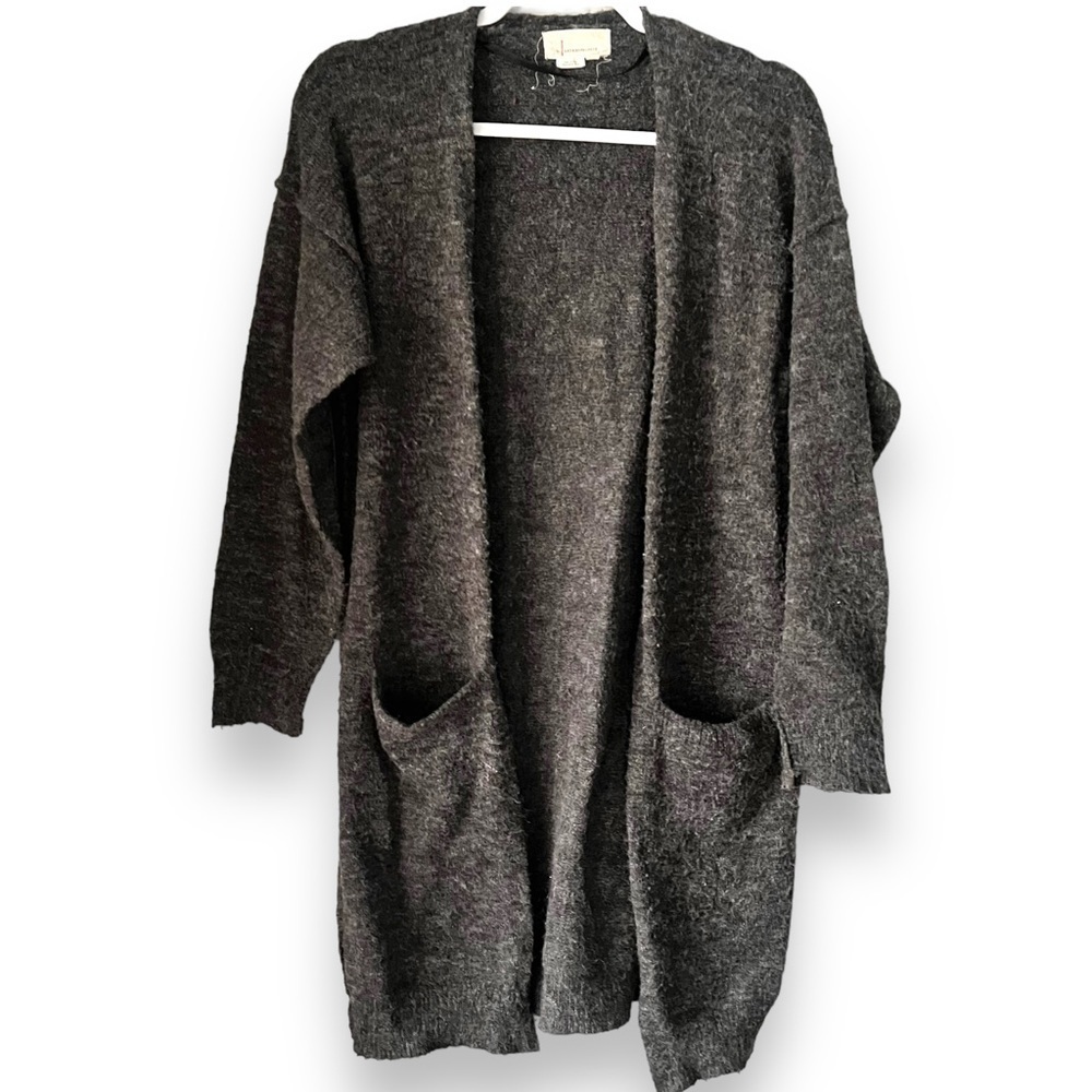 Anthropologie Charcoal Gray Open Front Cardigan Size XS Pockets Wool Blend